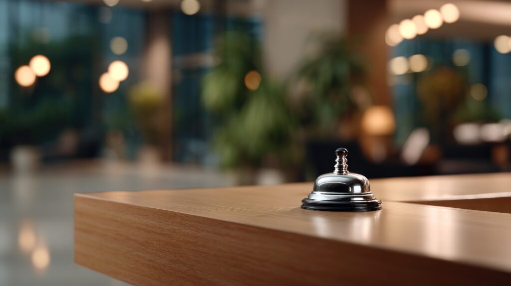 Chrome service bell on a polished wooden reception desk in a modern hotel lobby or office building